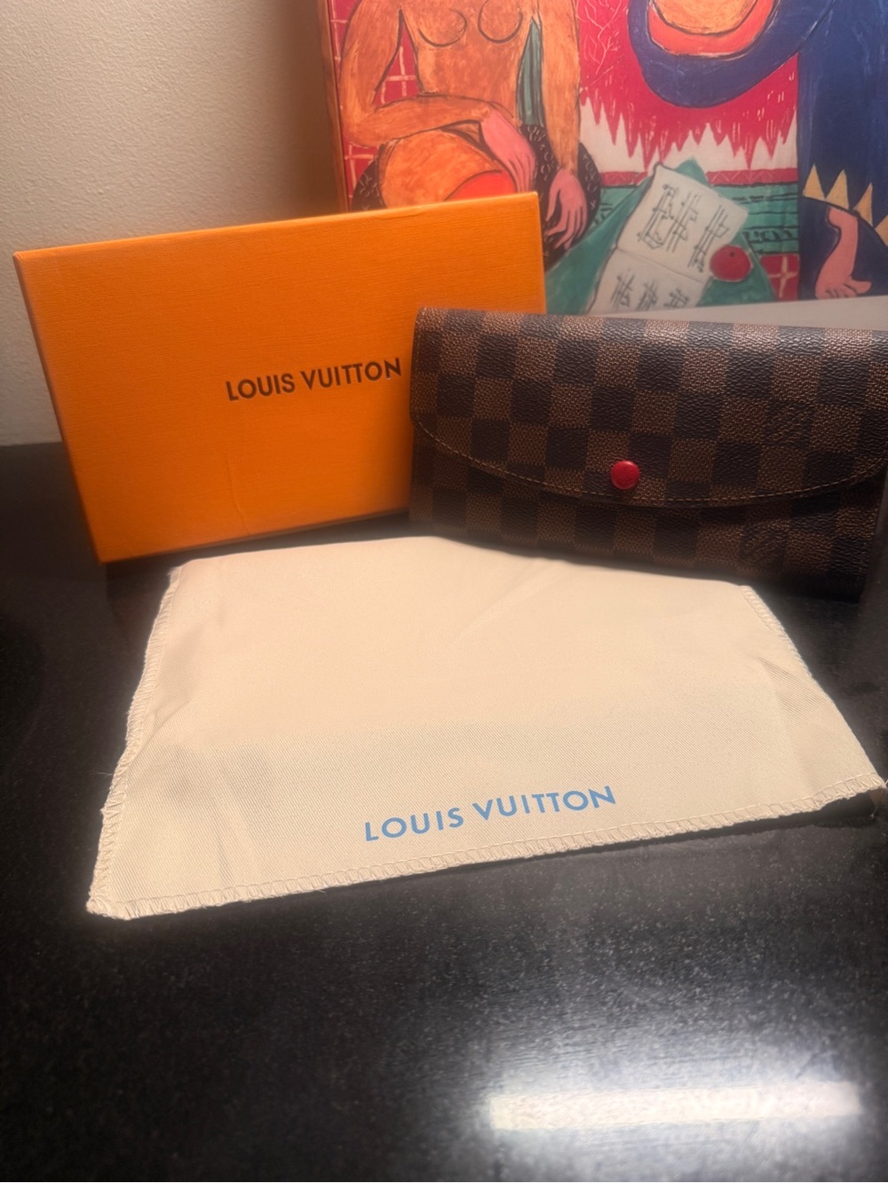Inspired Damier Ebene Card Holder Wallet with Red Snap